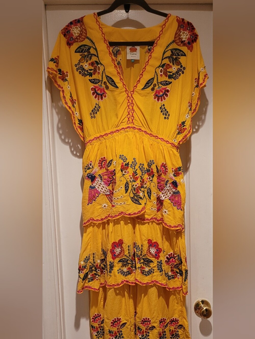 FARM Rio Yellow PRE-OWNED Embroidered Floral & Bird Tiered Maxi Dress
